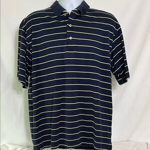 Nick Price Golf Shirt Navy Yellow Horizontal Striped Cotton Pullover Polo Shirt